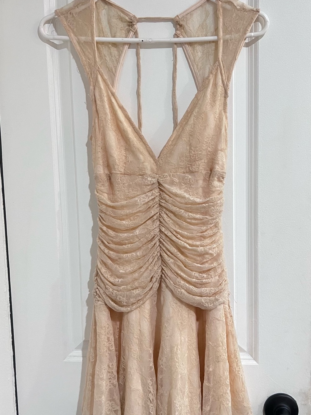 Backless Lace Ruched V-Neck Dress in Beige
